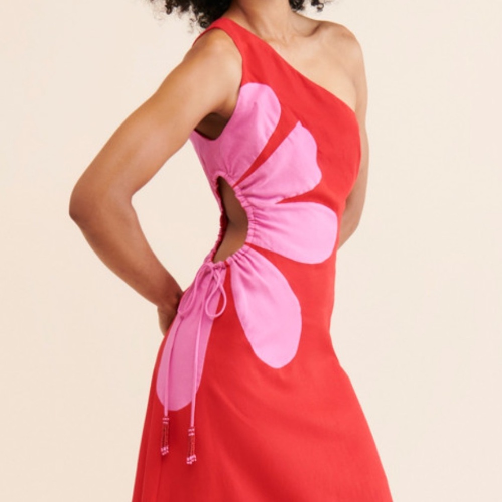 Farm Rio one-shoulder midi dress with adjustable flower cutout